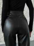Women Solid pu Leather Patchwork Zipper Slit Wide Leg Pants