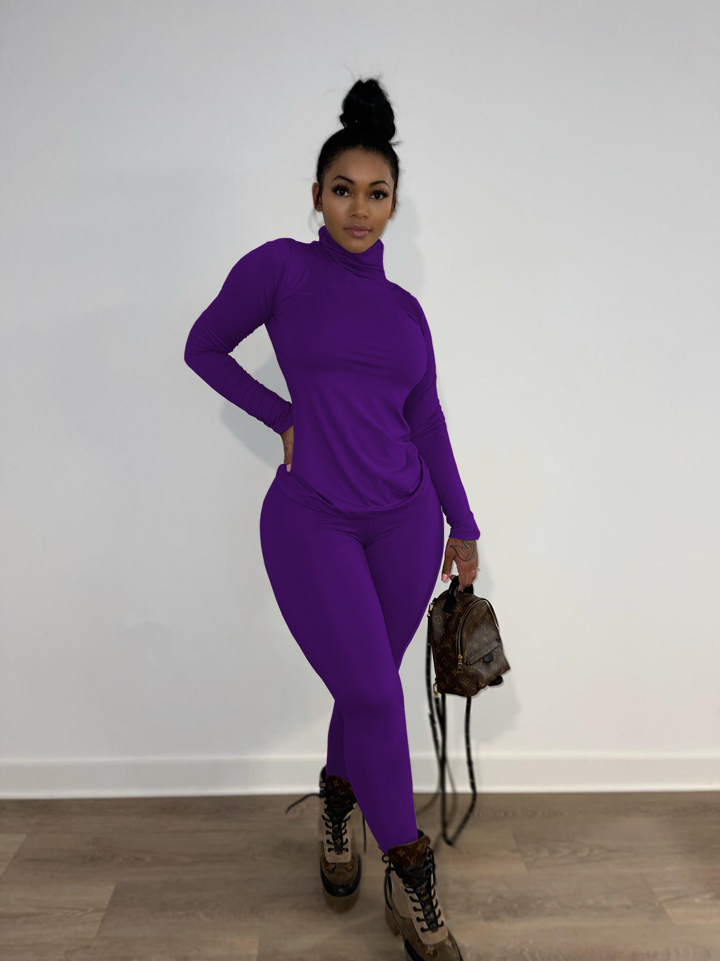Women Spring Solid Casual High Neck Long Sleeve Top and Pants Two Piece Set