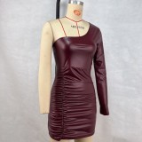 Women pu Leather Solid Patchwork Sexy Slash Shoulder Single Sleeve Pleated Bodycon Dress