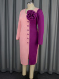 Women V-Neck Long Sleeve Contrast Color Block Rose Dress