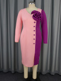 Women V-Neck Long Sleeve Contrast Color Block Rose Dress
