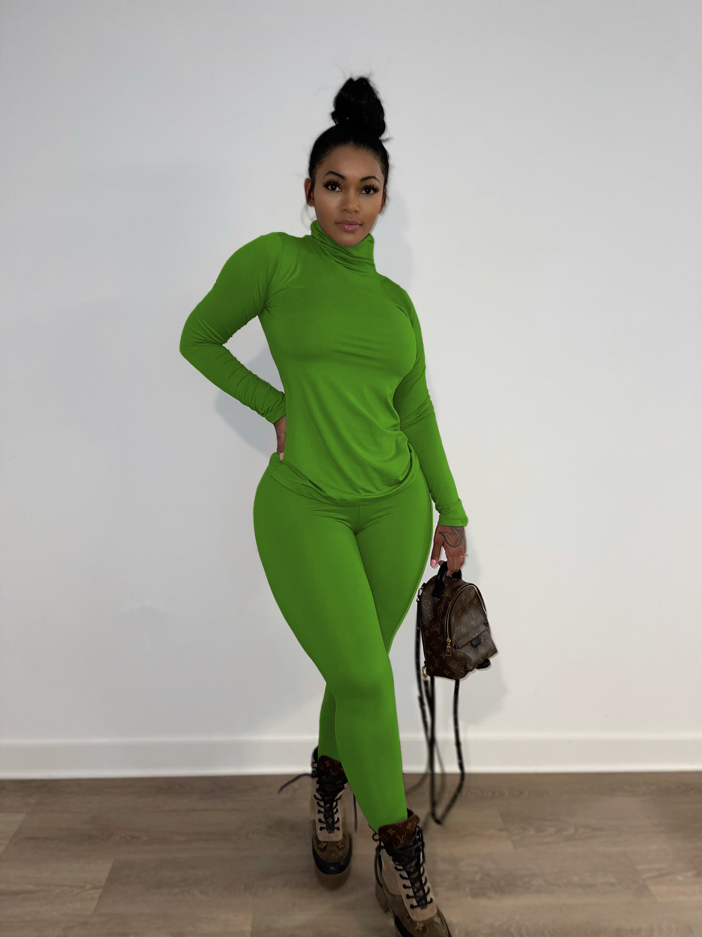 Women Spring Solid Casual High Neck Long Sleeve Top and Pants Two Piece Set