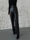 Women Solid pu Leather Patchwork Zipper Slit Wide Leg Pants