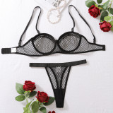 Women Sexy Fishnet See-Through Patchwork Chain Hollow Sexy Lingerie Two Piece Set