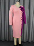 Women V-Neck Long Sleeve Contrast Color Block Rose Dress