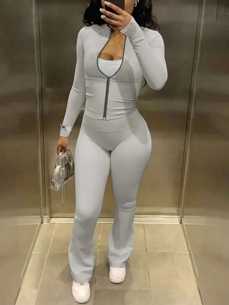 Women Casual Top and Bell Bottom Long Pants Two Piece Set