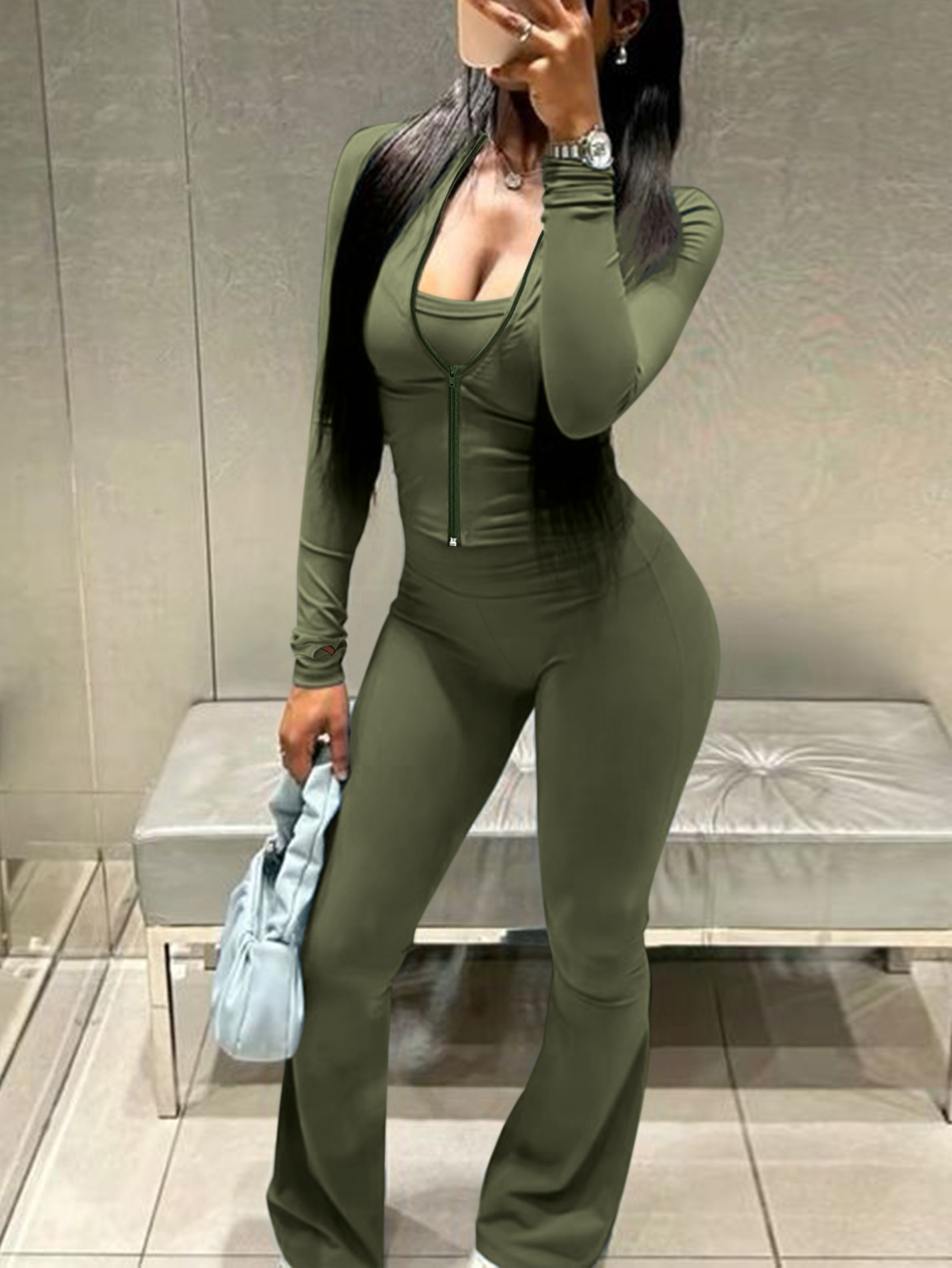 Women Casual Top and Bell Bottom Long Pants Two Piece Set