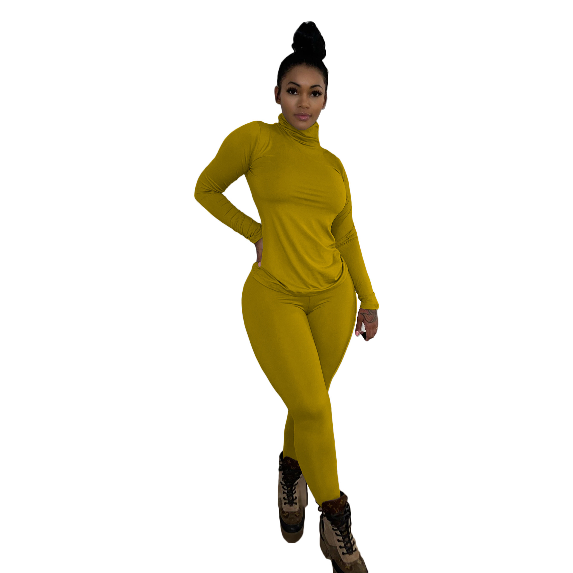 Women Spring Solid Casual High Neck Long Sleeve Top and Pants Two Piece Set