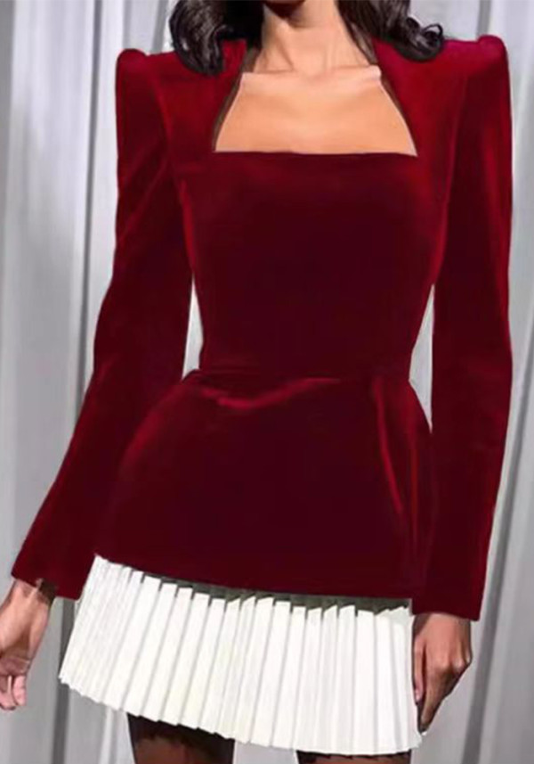 Women Square Neck Colorblock Pleated Velvet Dress