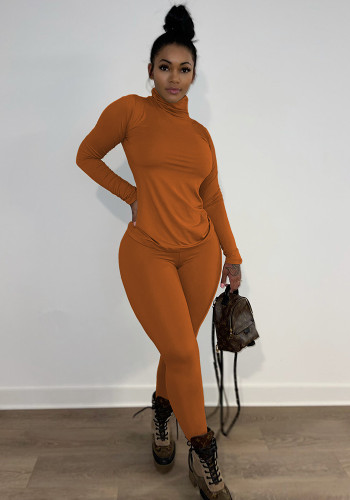 Women Spring Solid Casual High Neck Long Sleeve Top and Pants Two Piece Set