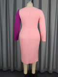 Women V-Neck Long Sleeve Contrast Color Block Rose Dress