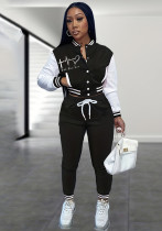 Women Spring Patchwork Print Baseball Jacket and Pants Two Piece Set Women Spring Patchwork Print Baseball Jacket and Pants Two Piece Set