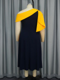 Women Style One Shoulder Collar Contrast Patchwork Party Dresses