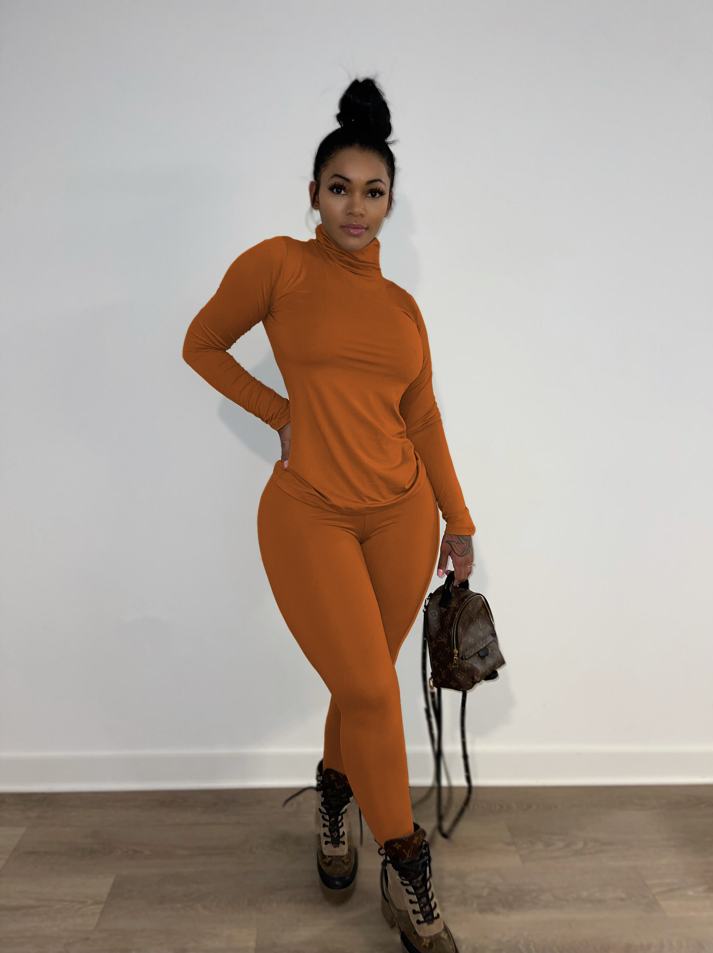 Women Spring Solid Casual High Neck Long Sleeve Top and Pants Two Piece Set
