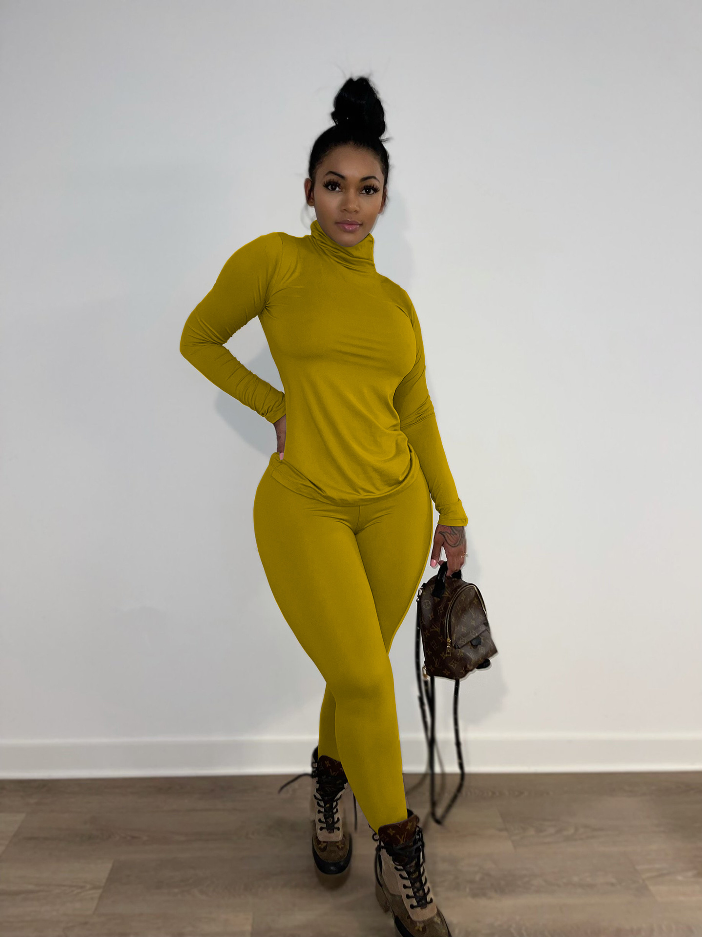 Women Spring Solid Casual High Neck Long Sleeve Top and Pants Two Piece Set