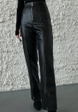 Women Solid pu Leather Patchwork Zipper Slit Wide Leg Pants