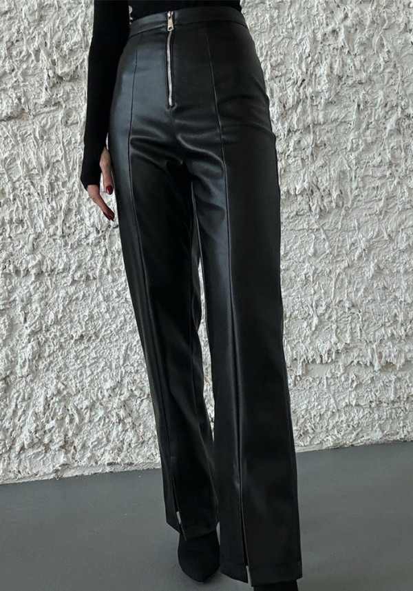 Women Solid pu Leather Patchwork Zipper Slit Wide Leg Pants