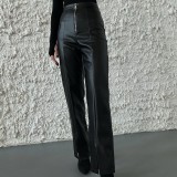 Women Solid pu Leather Patchwork Zipper Slit Wide Leg Pants