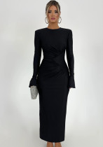 Women summer solid round neck pleated dress Women summer solid round neck pleated dress