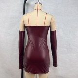 Women pu Leather Solid Patchwork Sexy Strapless Bodycon Dress Plus Sleeves Two Piece Set