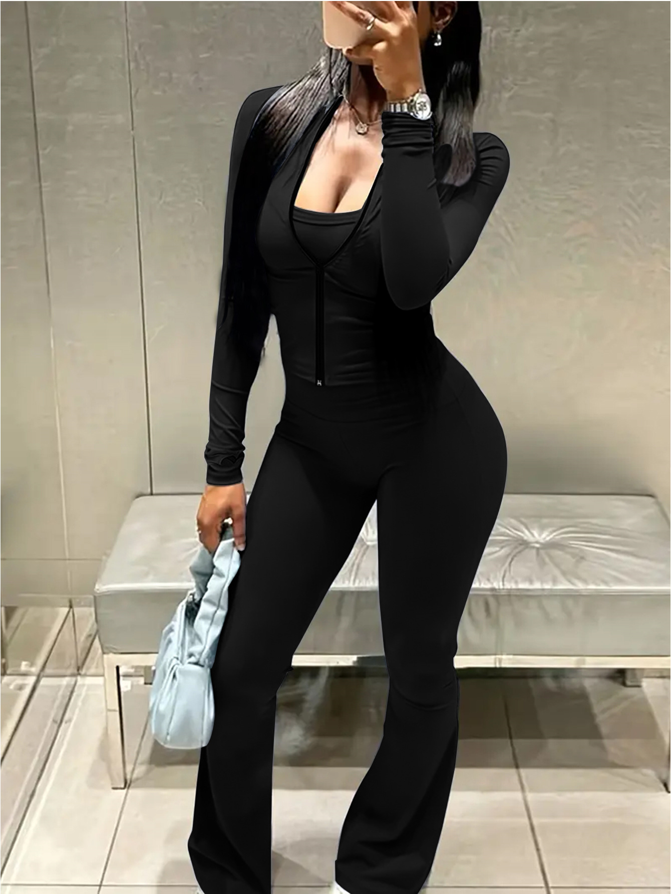 Women Casual Top and Bell Bottom Long Pants Two Piece Set