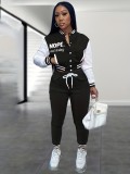 Women Spring Patchwork Print Baseball Jacket and Pants Two Piece Set