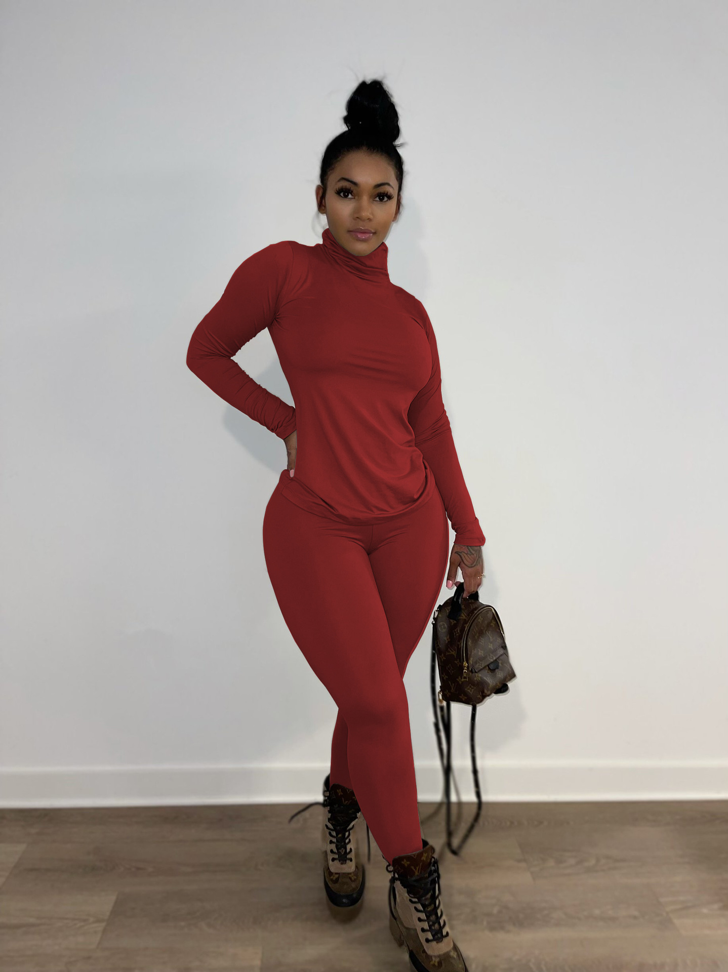 Women Spring Solid Casual High Neck Long Sleeve Top and Pants Two Piece Set