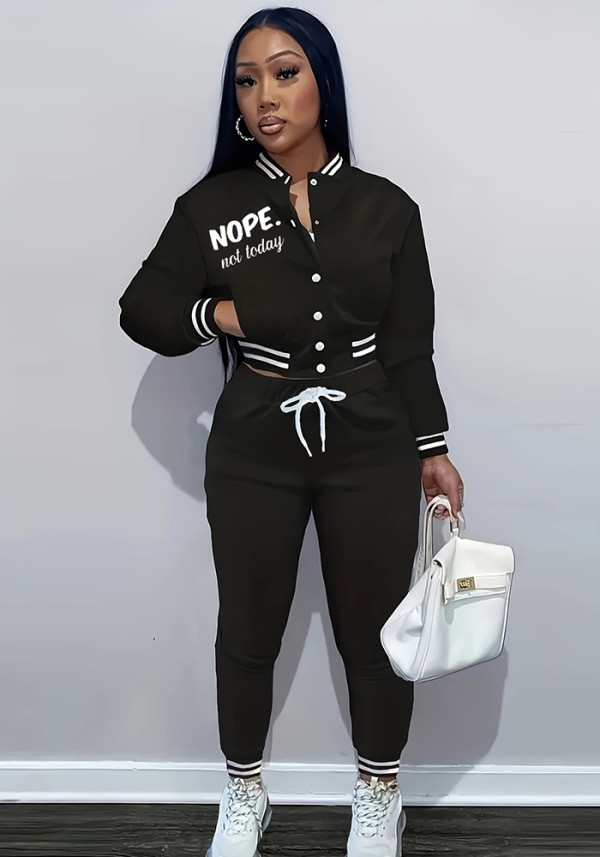 Women Spring Solid Print Top Baseball Jacket and Pants Two Piece Set