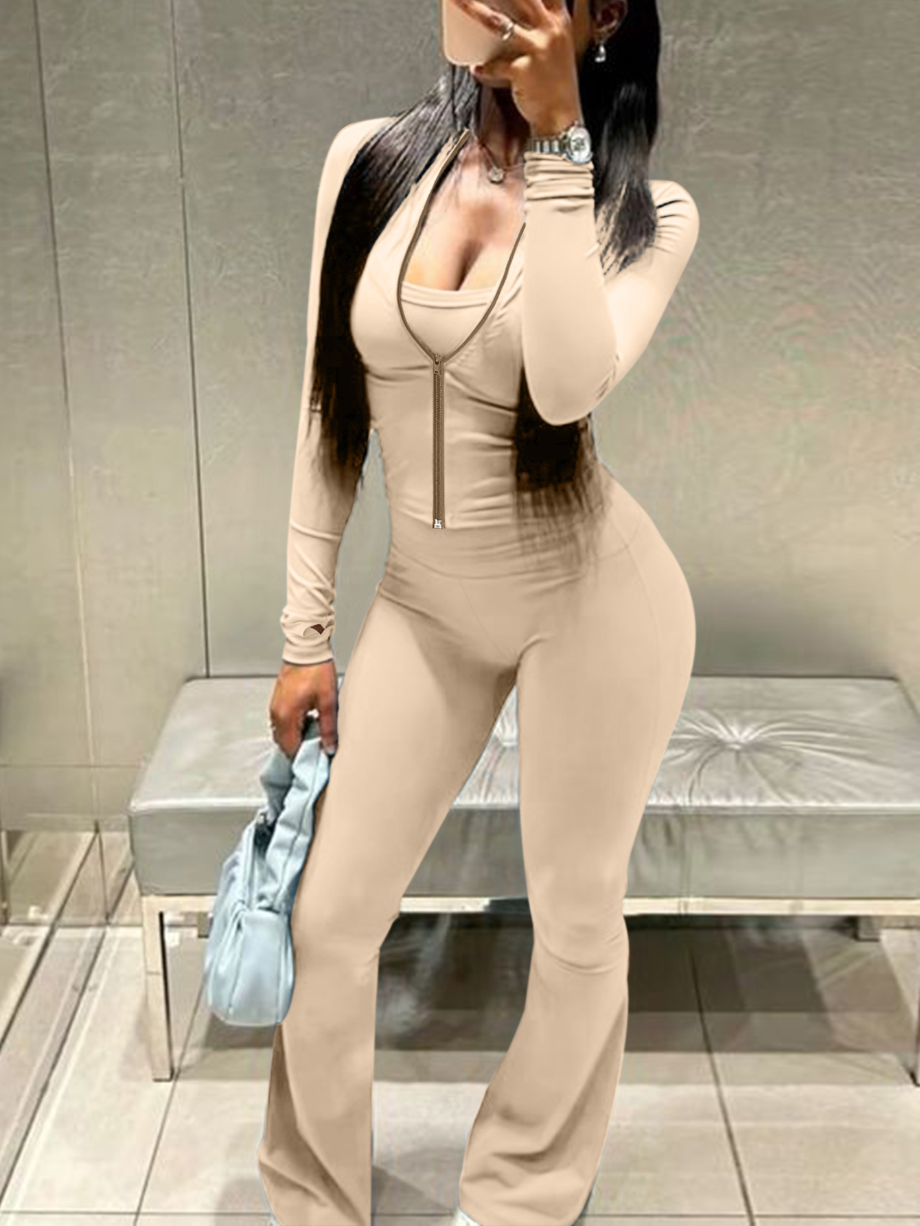 Women Casual Top and Bell Bottom Long Pants Two Piece Set