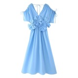 Women's Blue V-Neck Slim Waist Lace-Up Flower Bow Holidays Long Dress