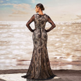 Luxury Long Sleeve Round Neck Formal Party Mesh Slim Fishtail Evening Dress Women Bridesmaid Gown