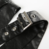 Punk Sexy Leather V-Neck Strap Vest Top Hollow Pin Buckle Adjustable Skirt Set