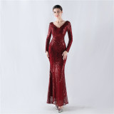 V-Neck Long Sleeve Sequins Plus Size Formal Party Evening Dress