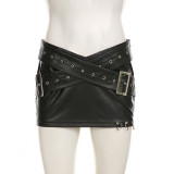 Punk Sexy Leather V-Neck Strap Vest Top Hollow Pin Buckle Adjustable Skirt Set