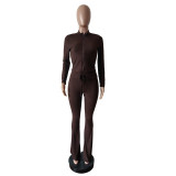 Long Sleeve Slim Zipper Top  Elastic Butt Lift Bell Bottom Pants Casual Set