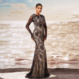 Luxury Long Sleeve Round Neck Formal Party Mesh Slim Fishtail Evening Dress Women Bridesmaid Gown