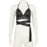 Punk Sexy Leather V-Neck Strap Vest Top Hollow Pin Buckle Adjustable Skirt Set