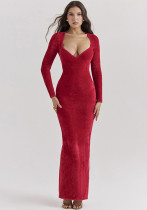 Women Red Suede Long Sleeve Sexy Deep V Neck Solid Color Long Evening Dress