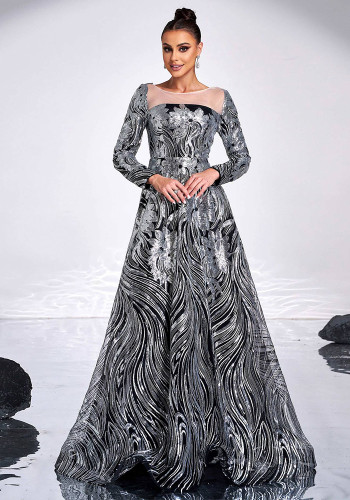 Luxury Long Sleeve Round Neck Formal Party A-Line Sequin Evening Dress Women Bridesmaid Gown