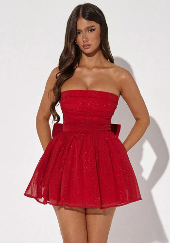 Women Sexy Trendy Mesh Patchwork Strapless Low Back Short Dress