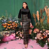 Luxury Long Sleeve Round Neck Formal Party Sequin Slim Slit Evening Dress Women Bridesmaid Gown