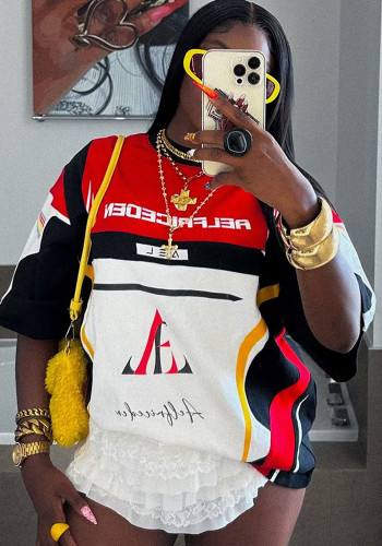 Autumn Trend Fashion Print High Street American Short-Sleeved Top Contrasting T-Shirt For Women