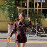 Women's Turndown Collar Button Pu Jacket Mini Skirt Two-Piece Set