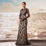 Luxury Long Sleeve Round Neck Formal Party Mesh Slim Fishtail Evening Dress Women Bridesmaid Gown