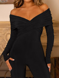 Women's Sexy Fashion Solid Color V-Neck Long Sleeve Jumpsuit