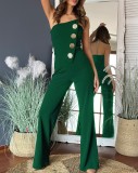 Summer Sexy Solid Color Strapless Button Flared Jumpsuit For Women