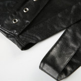 Punk Sexy Leather V-Neck Strap Vest Top Hollow Pin Buckle Adjustable Skirt Set