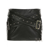 Punk Sexy Leather V-Neck Strap Vest Top Hollow Pin Buckle Adjustable Skirt Set