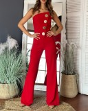 Summer Sexy Solid Color Strapless Button Flared Jumpsuit For Women