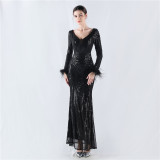 V-Neck Feather Long Sleeve Sequins Plus Size Formal Party Evening Dress